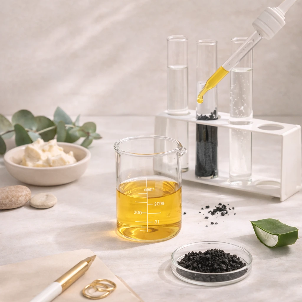 Haircare ingredient illustration with glass vessels and oil