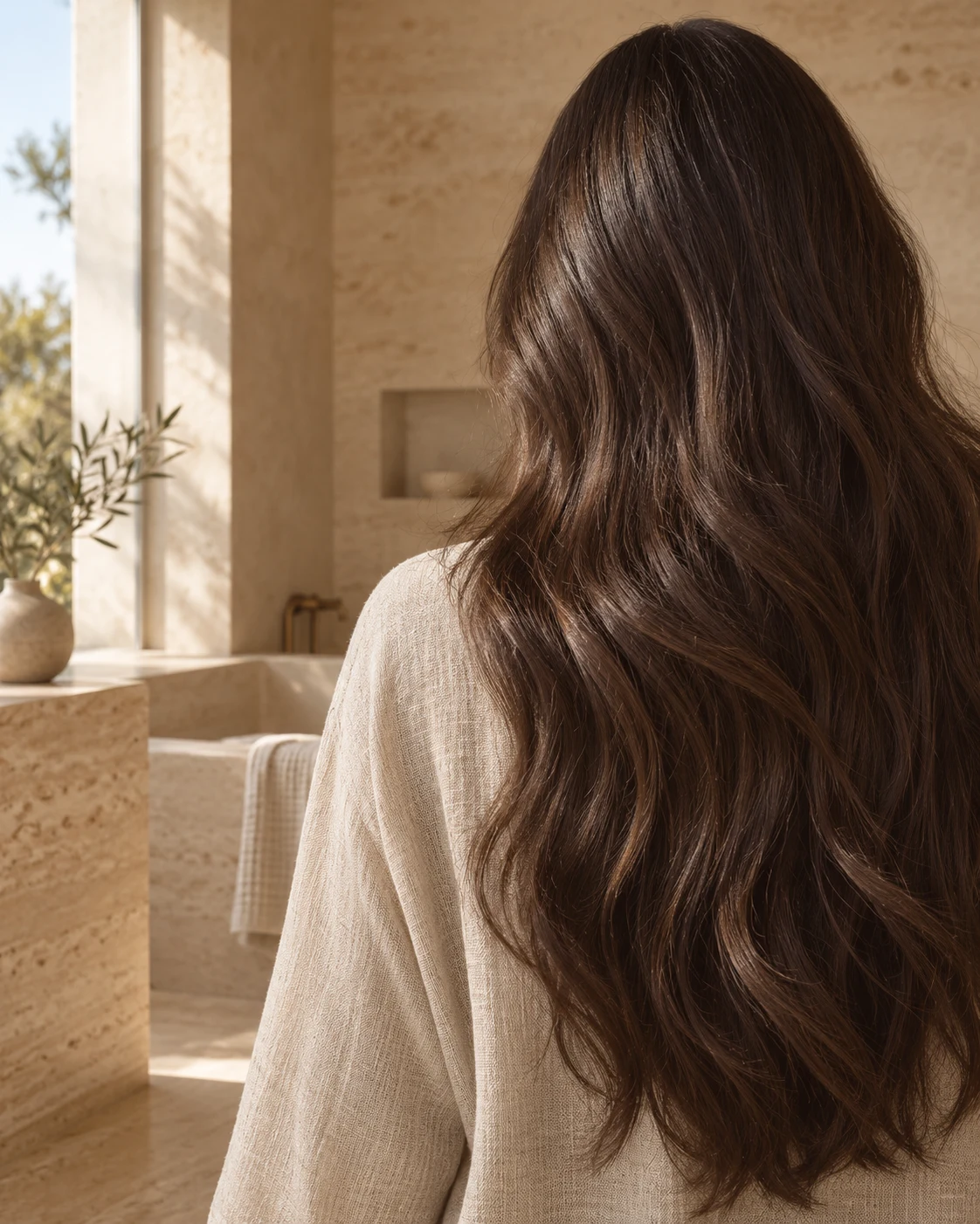 Long dark hair in soft natural light